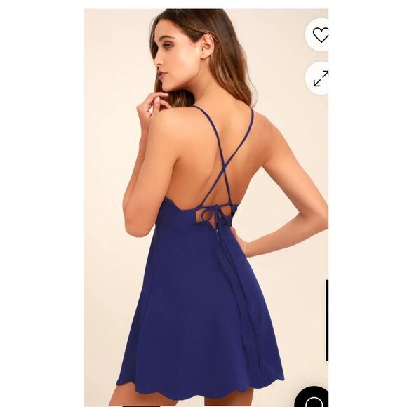 NWT - LULU's Scalloped Hem mini dress, size Small.  Royal blue; Strappy back - Picture 2 of 9
